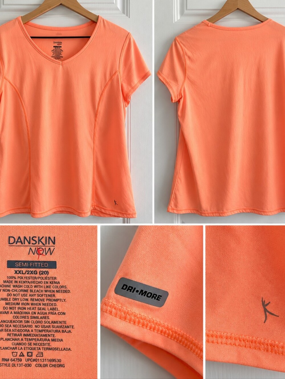 Danskin Now Short Sleeve V-Neck Tee in Coral Peach